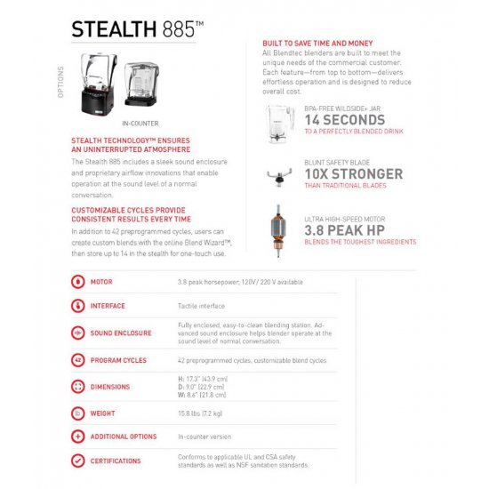 Blendtec Stealth 885 เครื่องปั่นความแรงสูงสำหรับธุรกิจ เงียบที่สุด 220V